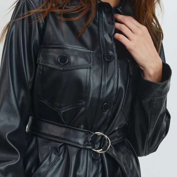 Sale! Black Faux Leather Belted Jacket Top - Picture 7 of 7
